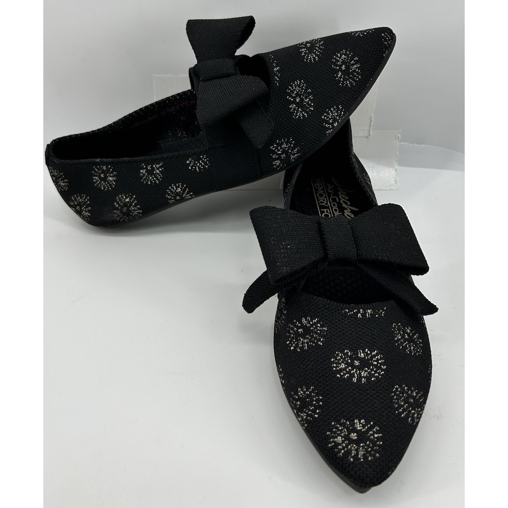 Skechers Black Fat Pointed Toe Bow Slip On Shoes 158572‎ Women's 6.5